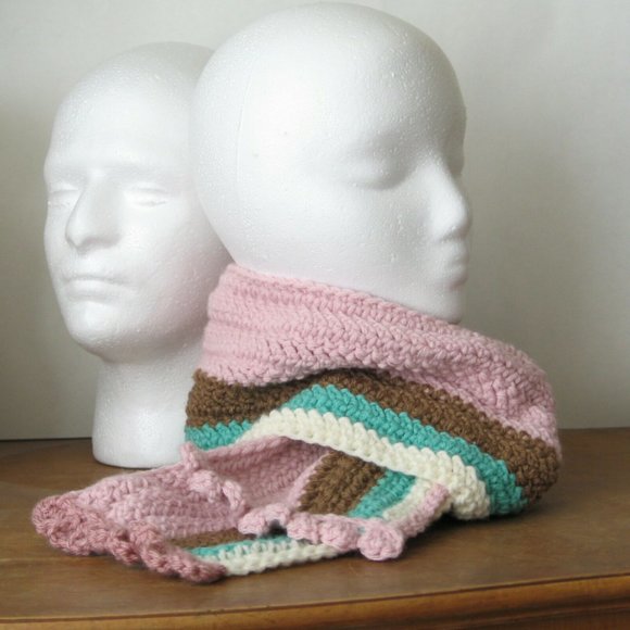 Long Striped Scarf pink/brown/cream/aqua - Picture 4 of 12